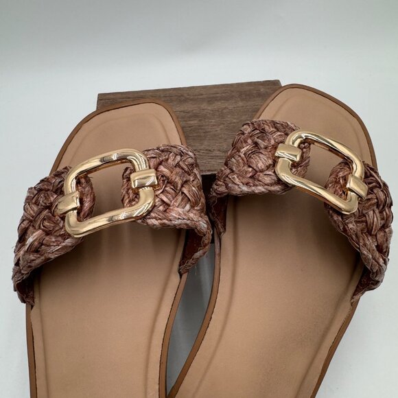 Steve Madden Women's Tan and Brown Sandals raffia fabric woven gold tone large b - Picture 12 of 13